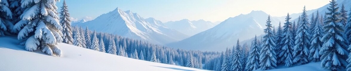 Fototapeta premium Winter landscape with dense coniferous forest blanketed by deep snow, coniferous forest, frosty mountains, icy trees