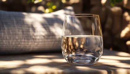 Obraz premium A clear glass of water sitting in a sunlit nook with a cozy pillow in the background
