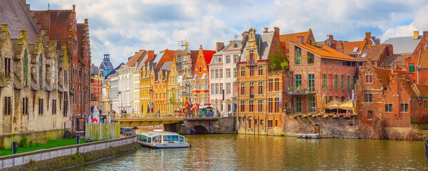 Old traditional houses, canal in Ghent, Belgium