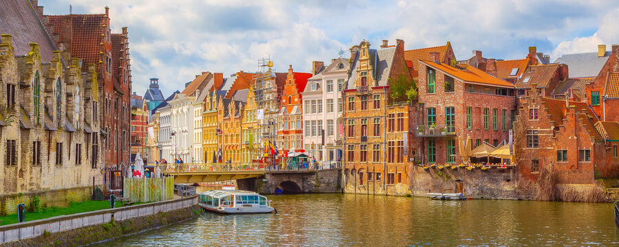 Old traditional houses, canal in Ghent, Belgium