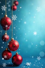 Red and gold Christmas baubles on a blue background with snowflakes, snowflake, holiday