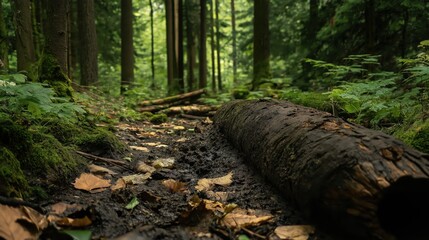 Large fallen tree trunk lying on the forest floor