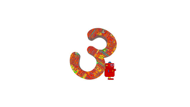 Futuristic number three with texture held by a robot on white background