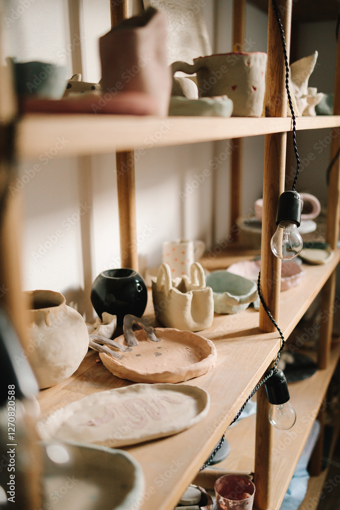 Poster Shelf with handmade clay cups and plates in the pottery studio. Creating ceramics ware with own hands.