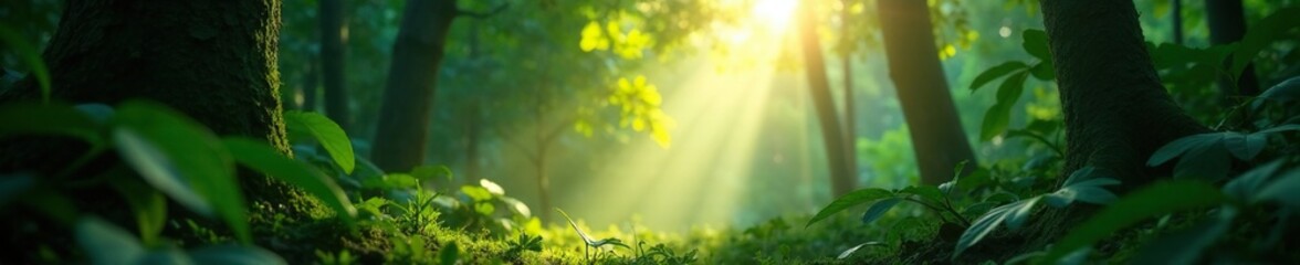 Obraz premium A narrow beam of light filters through leaves, light, jungle, forest