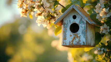 Wooden birdhouse in blooming spring tree