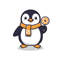 Adorable Cartoon Penguin Holding a Lollipop Wearing a Cozy Winter Scarf