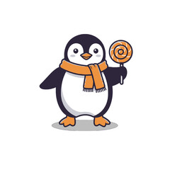 Illustration of a Penguin Holding a Lollipop and Wearing an Orange Scarf