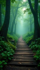 Fototapeta premium Ancient wooden trail winding through a misty, primordial rainforest, ancient woods, weathered wood