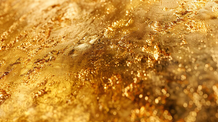 Close-up of shimmering golden texture with sparkling reflections suggesting luxury and warmth