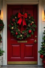 Red and gold Christmas wreath on a wooden door with a bow, holiday, entryway