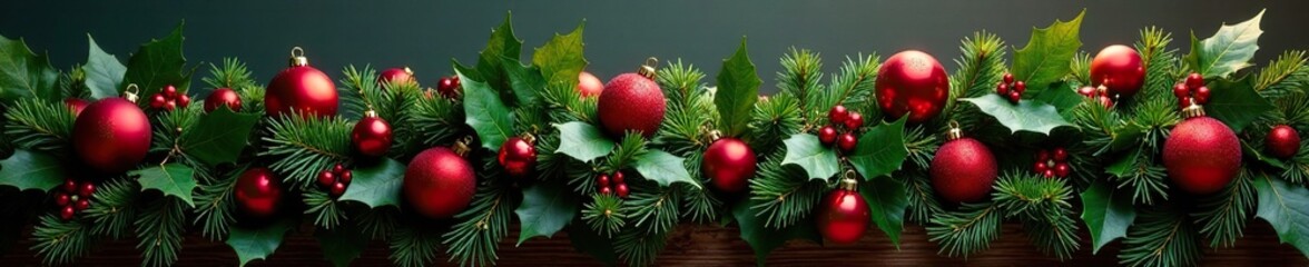 A large garland with red Christmas balls and holly leaves wrapped around a wooden post, fir tree, garland