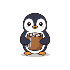 Cute Cartoon Penguin Holding a Cup of Hot Chocolate in Arms