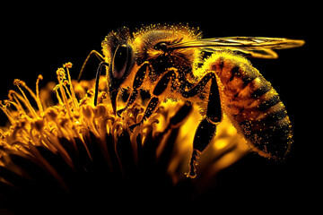 Obraz premium honey bee, apis mellifera, silhouette of a bee, anatomical structure of an insect, bee bathed in pollen, pollinating insect, dandelion flower, yellow flower, anthers, stamens, pollination, worker bee 
