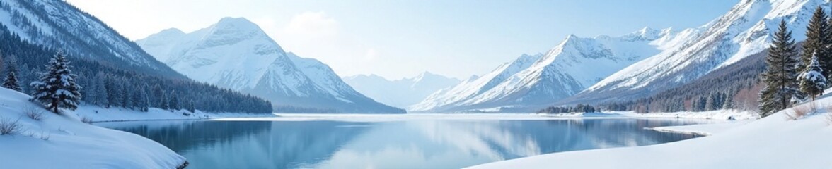 Obraz premium Snowy mountain range in the background with a frozen lake, snow, winter wonderland