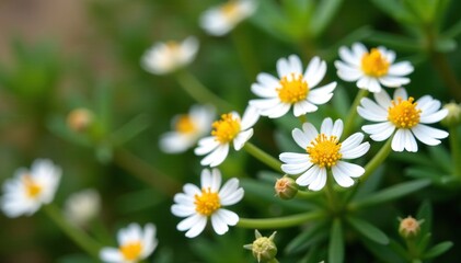 Fototapeta premium Santolina chamaecyparissus in full bloom with white flowers and yellow petals, Mediterranean, delicate blooms, succulent