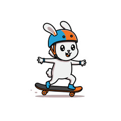 Cute Cartoon Bunny Riding a Skateboard While Wearing a Helmet and Boots