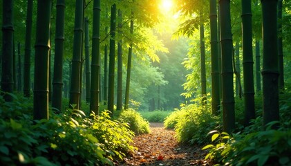 Obraz premium Weathered bamboo sticks in a sunlit forest glade, woodland, foliage, light