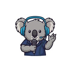 Cartoon Koala Wearing Headphones and Suit Speaking into a Microphone