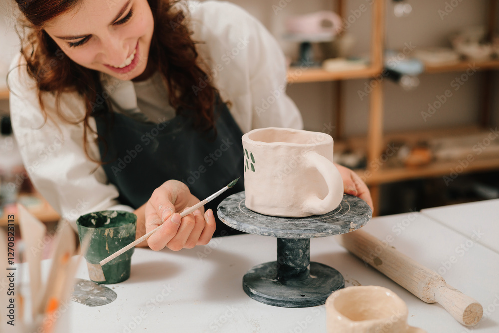 Aufkleber process of designing cup with a traditional pattern in pottery art studio. artisan stamps decorative