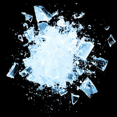 Shattered Ice Explosion Fragments on a Black Backdrop Intense Freeze Breakage Visual Art Image