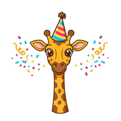 Funny Cartoon Giraffe with Party Hat and Colorful Confetti Background