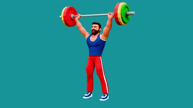 Man doing strength training with a barbell - bench press, squats, deadlifts, etc. Looped 3D animation with alpha channel.