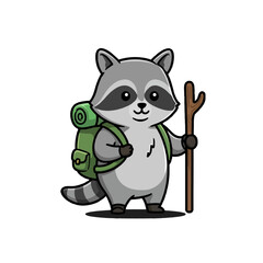Cute Cartoon Raccoon Hiking with Backpack and Walking Stick