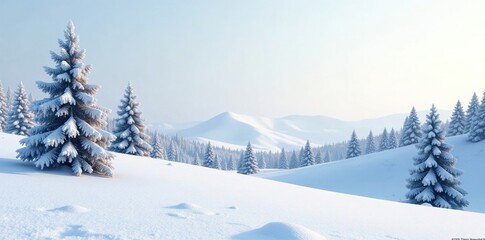 Snowy landscape with rolling hills and pine trees, white matte backdrop, snow-covered terrain, natural scenery