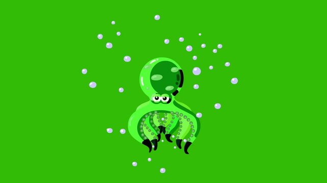 Swimming cartoon animation green octopus with bubbles isolated. Cute animal squid character kid animations, intro, fairy tales, etc...