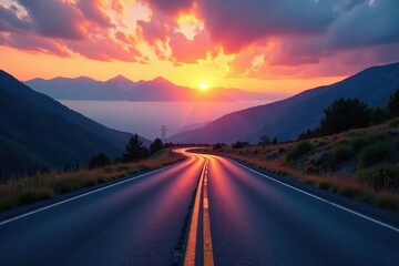Fototapeta premium Clouds above the asphalt road winding through mountains at sunset, landscape, clouds