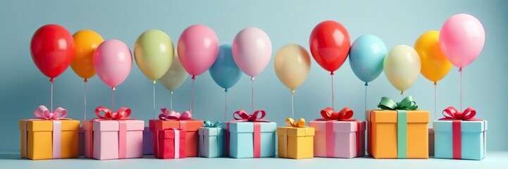 Balloons tied to gift boxes with ribbons in different colors, ribbons, colors