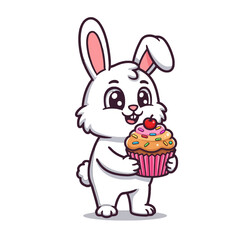 Adorable Cartoon Bunny Holding a Colorful Cupcake with Sprinkles and Cherry