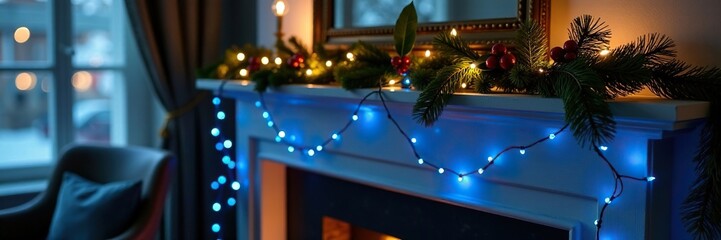 Sparkling blue string lights adorn a mantel with festive holly, winter decor, greenery