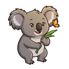 Cute Cartoon Koala Holding Bamboo Stalk With Butterfly Nearby