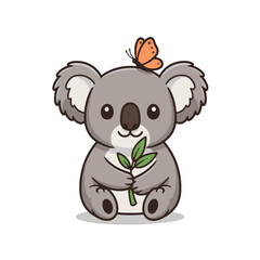 Obraz premium Cute Cartoon Koala Holding Branch with Butterfly on Its Head