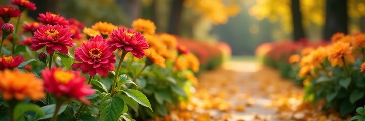 Muted red chrysanthemums amidst falling yellow leaves on a garden path, landscape, seasonal change, yellow