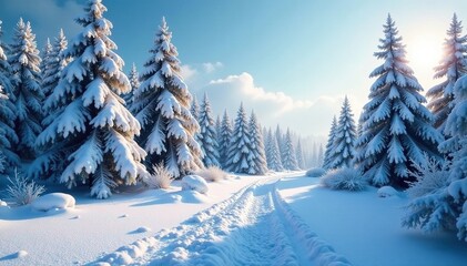 Naklejka premium Snowy forest with frosty trees and sparkling ice crystals, cold weather, icy landscape, winter wonderland