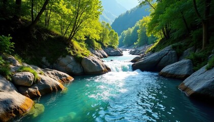 Naklejka premium Crystal-clear river flowing through a narrow gorge, W?lder, Wasserfall