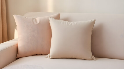A cozy interior mockup with a decorative pillow on a modern, minimalist couch. The pillow has a blank fabric texture for custom branding or designs, set against a softly lit background with warm tones