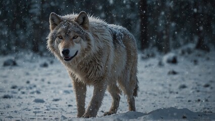 A frozen wolf with icicle-covered fur, walking through an eternal blizzard.
