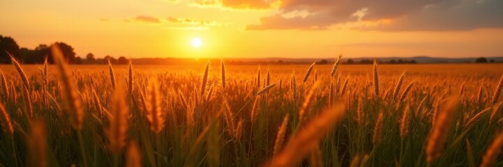 Fototapeta premium Golden hues of sunset dance upon a sea of swaying grass blades, warm, sunset, field