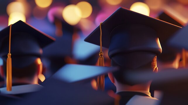 A group of university graduates wearing black caps and gowns at a convocation ceremony, celebrating their academic success