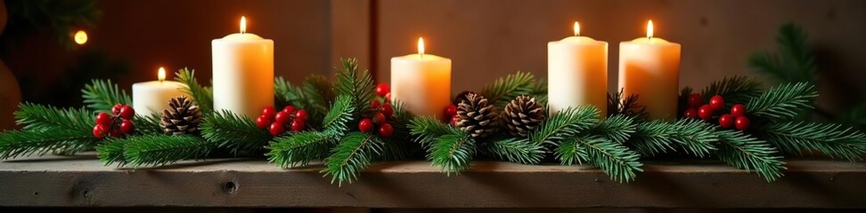 Pine branch arrangement with candles, pinecones and berries on a wooden mantle, holiday, wood, candle