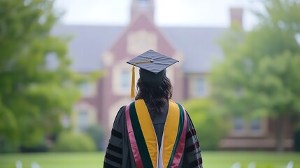 Graduate In Cap And Gown Faces Blurred Building Resembling Educational Institution, Standing With Back To Camera. Graduation Scene Captured
