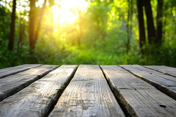 Fototapeta premium Rustic wooden table, forest sunset backdrop, product display