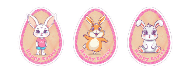 Vector set of holiday toon stickers. Happy Easter. Cute beautiful pleasant soft tender emotional bunnies. Cuddly cheerful festive rabbits. Badges or icons. Jumping ginger chubby hare. Eggs