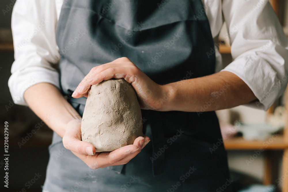 Poster potter holds a piece of wet clay in their hands, molds it into form. process of creating ceramic pro