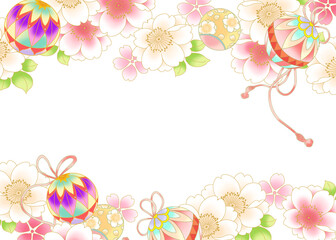 華やかな桜の花と手毬のフレームイラスト