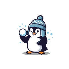 Cute Penguin with Snowball Wearing a Winter Hat in Cartoon Style